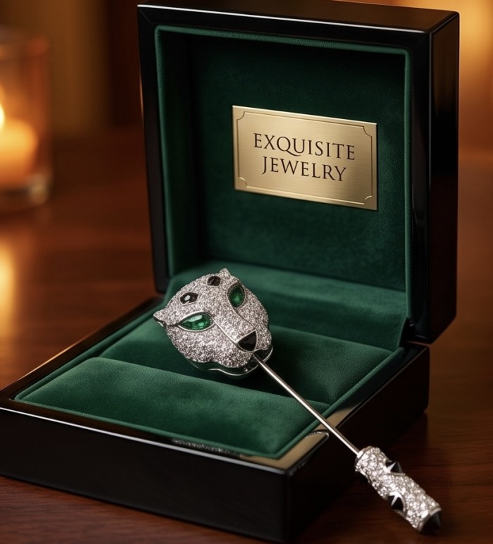 Precious Gaphard Natural 0.5 carat Emerlad black enamel .925 Sterling Silver handcrafted Brooch - Close-up of jeweled panther brooch with emerald eyes in luxury box