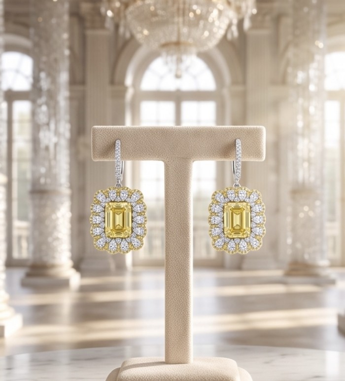 Esperanza - Luxurious 12.2 Lemon Quartz rhodium over .925 Sterling Silver handmade Earrings - Luxurious earrings front view with lemon quartz and diamond halo.
