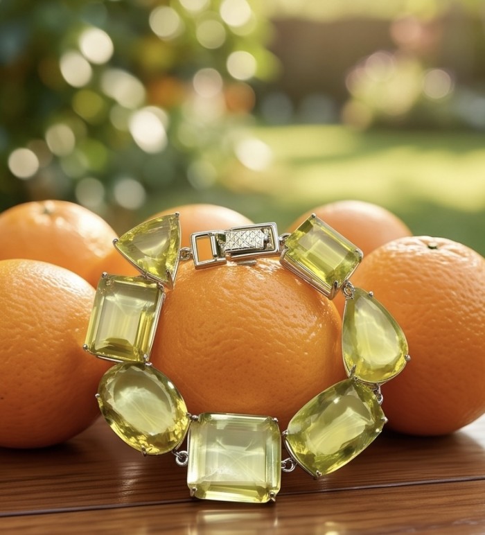 Luxurious Genuine 55.2 CARAT Lemon Quartz .925 Sterling Silver handcrafted Bracelet - Bracelet on oranges, showcasing large lemon quartz stones, outdoor setting.