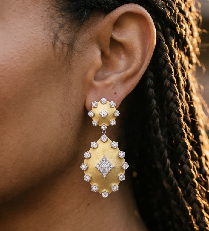 Byzantine Style White Topaz 14K Gold over .925 Sterling Silver handcrafted earrings - Gold and topaz earrings, side view, worn on ear with braided hair.