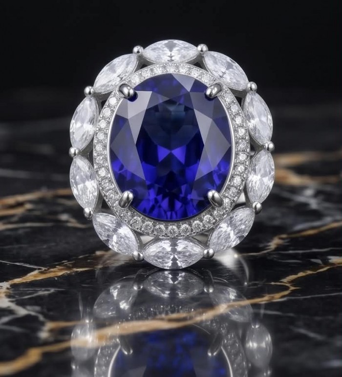 Precious Design oval cut 24.9 CARAT Tanzanite .925 Sterling Silver Statement Ring s. 5 1/4 - Tanzanite ring with diamond halo, front view, on marble background.