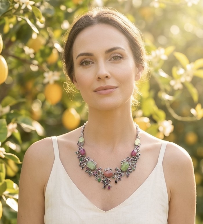 Giovanna 188.2 carat Mozambique Ruby Golden Sapphire .925 Sterling Silver dipped in rhodium Statement Necklace - Woman wearing necklace, front view, lemon grove background