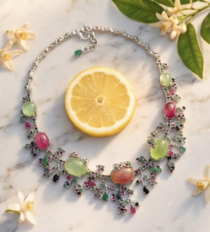 Giovanna 188.2 carat Mozambique Ruby Golden Sapphire .925 Sterling Silver dipped in rhodium Statement Necklace - Necklace with colorful stones and lemon slice on marble surface.