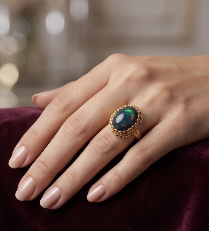 Milky way Genuine 18.2 carat Black Opal 18K Gold over .925 Sterling Silver handmade Ring size 6 - Black opal ring in 18K gold worn on hand, showcasing ornate detail.