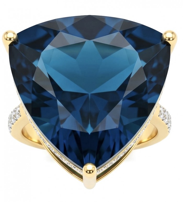 Atlantica rare trillion cut 10.9 carat authentic London Blue Topaz 22K Gold over .925 Sterling Silver Handcrafted Ring size 6 1/4 - Trillion cut 10.9 carat London Blue ring, stone close-up view