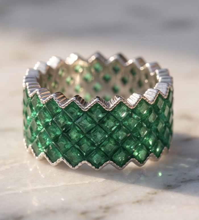 Eliza - authentic 8.7 carat Emerald .925 Sterling Silver Eternity Ring size 6 1/2 - Emerald ring on marble; side view, sterling silver setting.