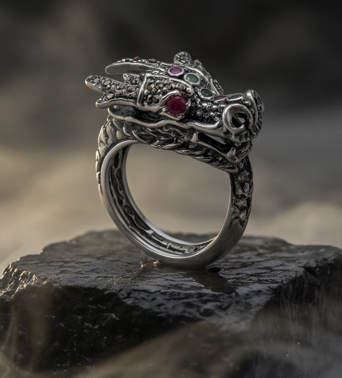 Reclaim your Power Authentic Ruby Marcasite .925 Sterling Silver Handcrafted Large Ring size 8 - Dragon ring with ruby and marcasite, side view on dark stone background.