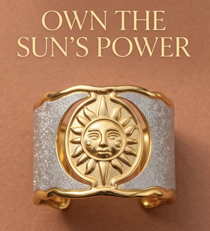 Renewal - Byzantine design Authentic Topaz 14K Gold over .925 Sterling Silver handcrafted Bracelet / Cuff - Front view of gold Byzantine cuff with sun design and topaz accents.