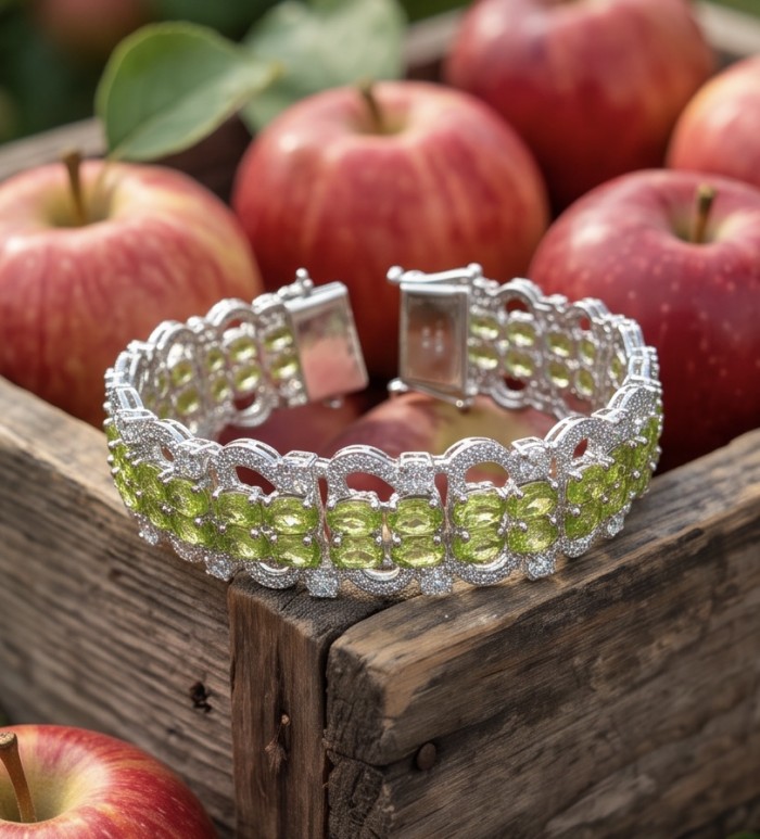 Vittoria Natural 47.8 carat Brazilian Peridot Rhodium over .925 Sterling Silver handmade Statement Bracelet - Bracelet with peridot detail on wooden box with apples.