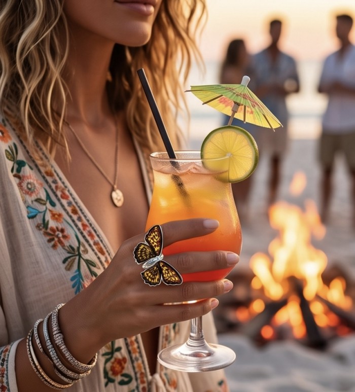 Butterfly Authentic Baltic Amber .925 Sterling Silver dipped in 18K Gold handcrafted ring; s. 7 adjustable - Butterfly amber ring worn on hand, beach bonfire background.
