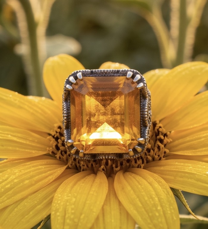 Serenity Natural 29.9 carat GOLDEN Topaz .925 Sterling Silver handmade Large Statement Ring size 7 1/4 - Close-up of golden topaz ring on a yellow flower, front view.