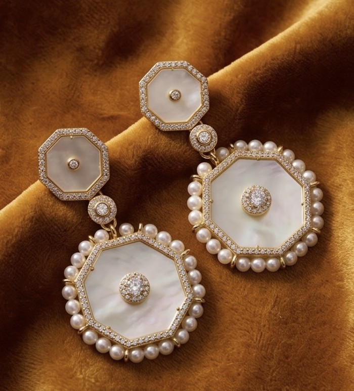 Large - Sublime Blister Pearl White Sapphire 18K Gold over .925 Sterling Silver handcrafted Earrings - Large earrings on velvet, octagonal pearl and sapphire detail.