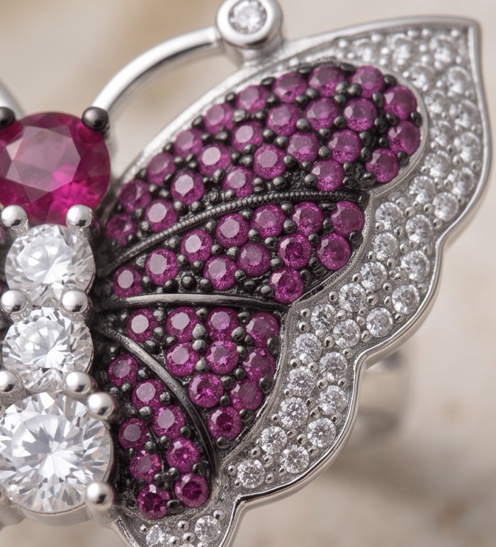 Precious Butterfly Genuine 10.5 carat Kasmir Ruby .925 Sterling Silver handmade Statement Ring size 8 1/4 - Close-up of butterfly ring with rubies and diamonds in sterling silver.