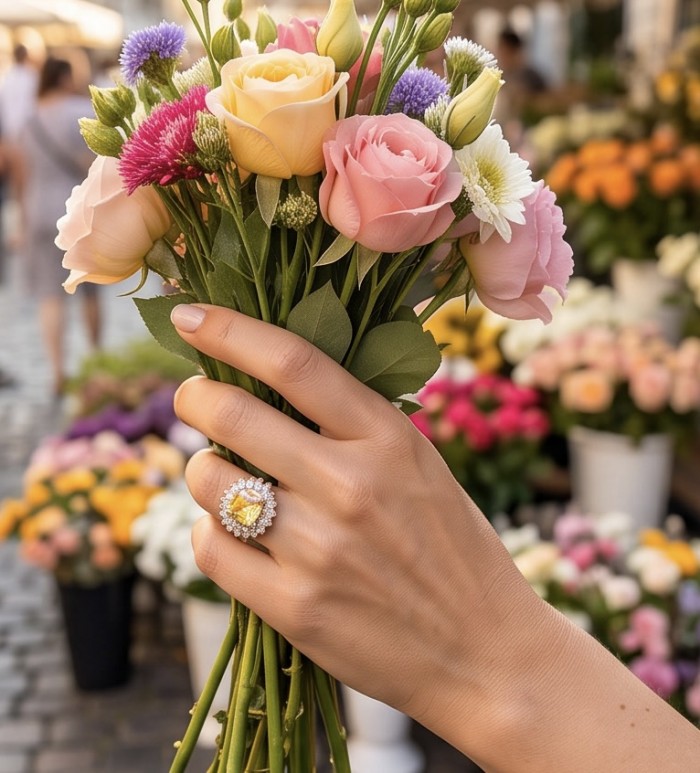 Vivien - Natural 14. 2 carat Citrine .925 Sterling Silver dipped rhodium handcrafted Statement ring; s. 6 3/4 - Ring with citrine stone worn on hand holding bouquet of flowers.