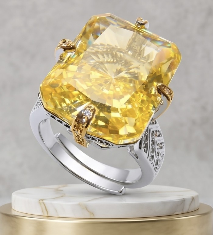 Solid 24.8 carat Genuine Yellow Sapphire 2 tones .925 Sterling Silver handcrafted ring size 8 adjustable - Close-up of solid 24.8 carat yellow sapphire ring on display stand