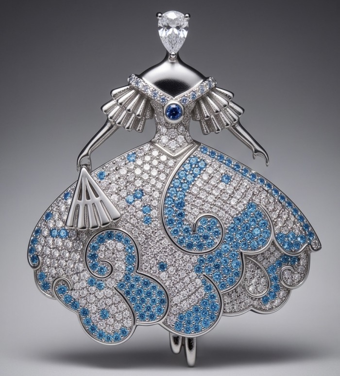 Ballerina - Precious pave 4.2 carat Colombian Sapphire rhodium over .925 Sterling Silver handmade Pendant - Brooch - Ballerina-style brooch with blue sapphires, front view.