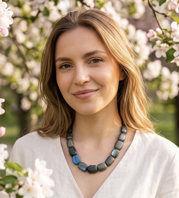 Blue Cascade Genuine Labradorite .925 Sterling Silver handcrafted Necklace - Woman wearing Blue Cascade Labradorite necklace in garden setting