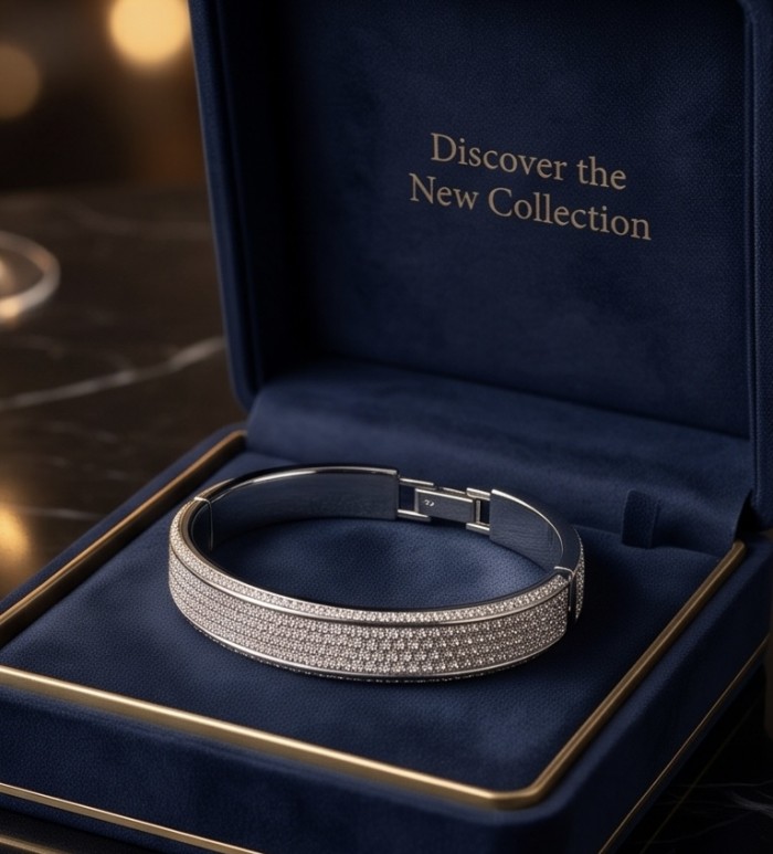 Priscilla 1.9 carat pave White Topaz rhodium over .925 Sterling Silver Bangle highly polished bracelet - Side view of Priscilla 1.9 carat pave White Topaz bracelet in box.