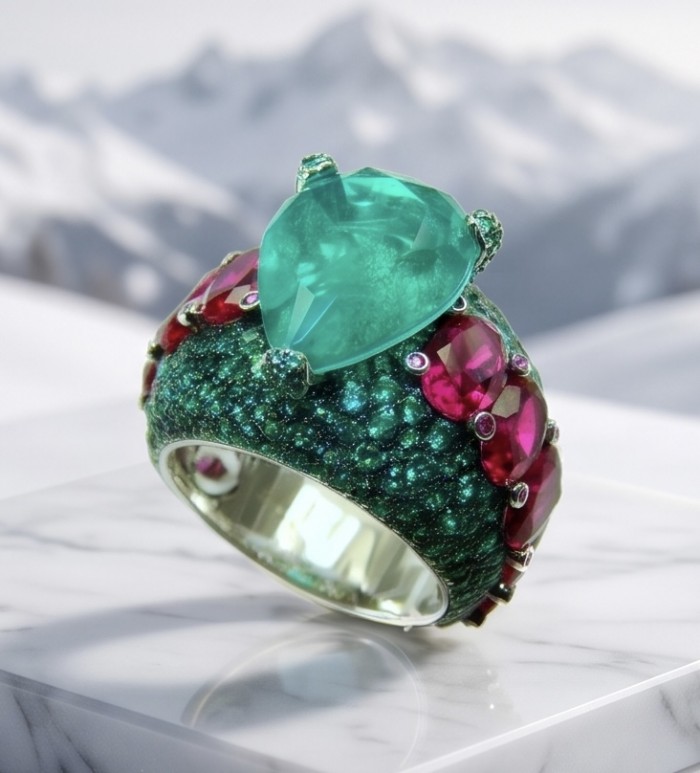 Iconic design - Natural 14.5 carat Emerald 6.8 carat Ruby rhodium over .925 Sterling Silver handcrafted ring size 8 - Side view of ring with 14.5 carat emerald and 6.8 carat rubies.