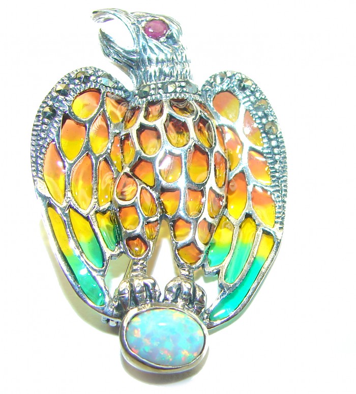 Natural Enamel Eagle .925 Sterling Silver Brooch Pendant - photo 1