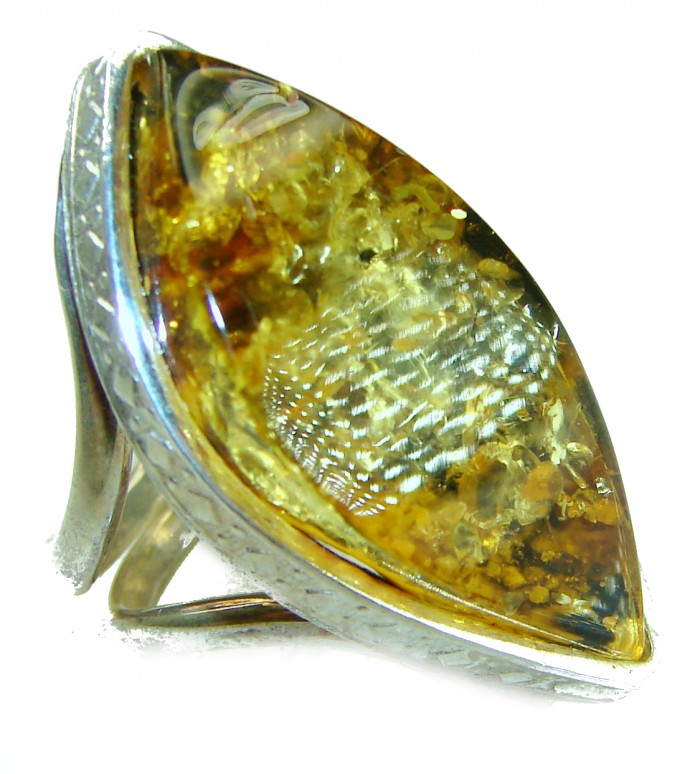 Large - Golden Power Baltic Amber .925 Sterling Silver handcrafted ring; s. 7 adjustable - Close-up of large Baltic amber ring with sterling silver setting.