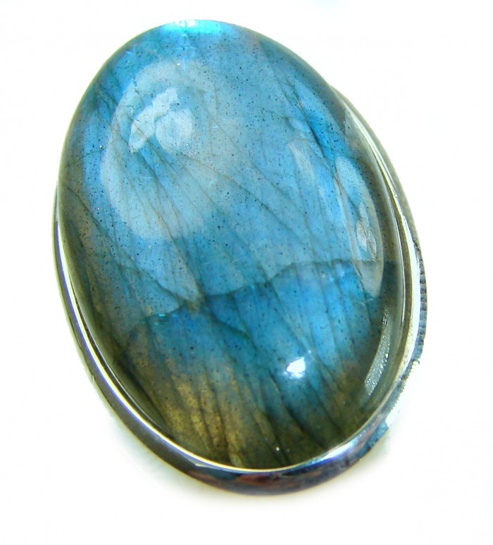 Shimmering Natural Labradorite .925 Sterling Silver handcrafted Large ring size 7 adjustable - Close-up of shimmering natural labradorite in sterling silver setting.