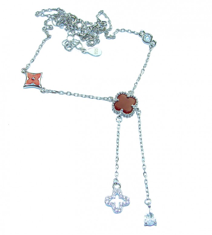 Outstanding 20 inches long Carnelian Lucky Four Leaf Clover .925 Sterling Silver necklace - Carnelian four-leaf clover necklace, full view, 20 inches long.