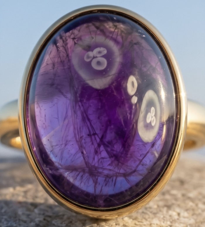 Peace 15.5 carat natural Amethyst 18K Gold over .925 Sterling Silver Handcrafted Ring size 8 adjustable - Stone close-up of Peace 15.5 carat natural Amethyst in 18K Gold.