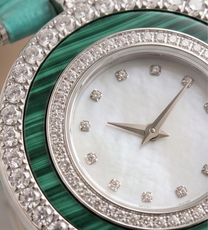 Precious 18.5 carat Authentic INLAY Malachite Genuine Leather strap .925 Sterling Silver handmade Watch - Close-up of luxurious malachite and diamond watch face detail.