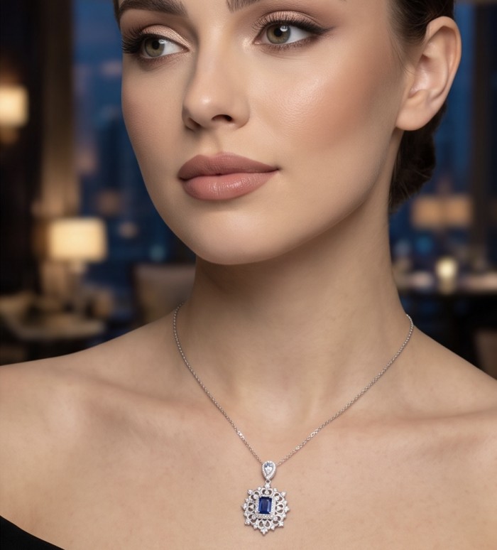 Born to Glam 2.2 carat natural Sapphire .925 Sterling Silver Perfectly handcrafted Pendant - Woman wearing Born to Glam Sapphire necklace on sterling silver chain.
