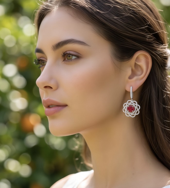 Exquisite 3.4 ctw Ruby .925 Sterling Silver handcrafted Statement earrings - Side view showing ruby earrings worn by a woman in nature.