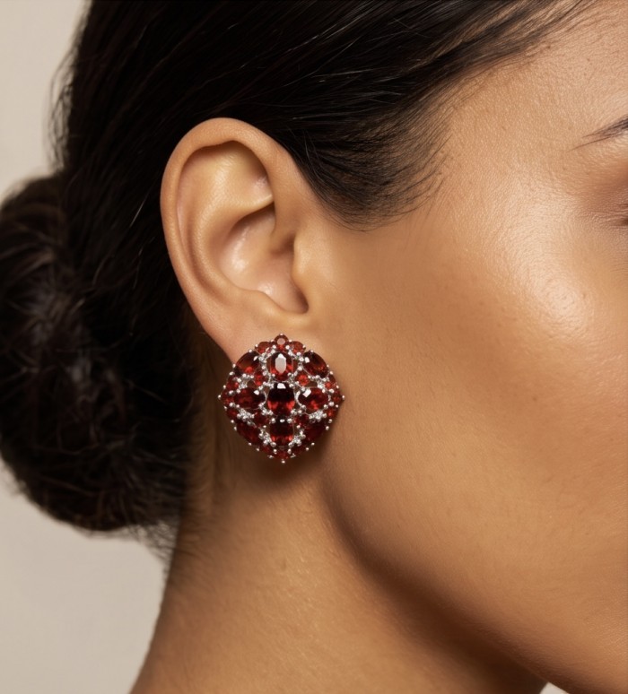 María Rosa - Real Art - Natural 20.2 carat Garnet from India .925 Sterling Silver handcrafted Large Statement earrings - Garnet earring worn on ear, side view, showing intricate design.