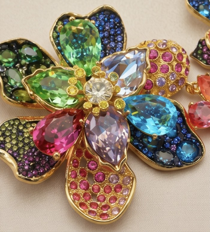 Blooming Garden 145.2 carat Natural multicolot Topaz 14k Gold over .925 Sterling Silver handcrafted Statement necklace - Close-up of Blooming Garden multicolor topaz brooch with 14k gold.