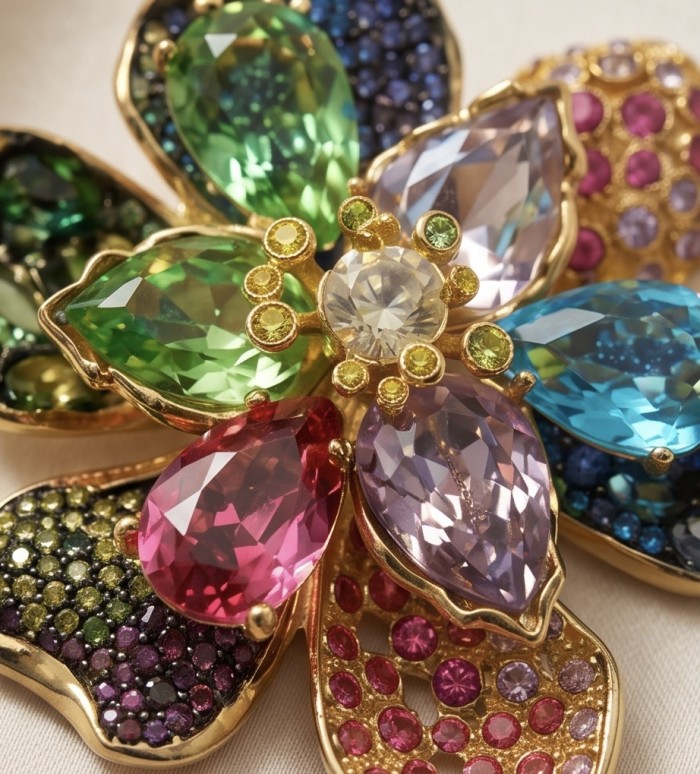 Blooming Garden 145.2 carat Natural multicolot Topaz 14k Gold over .925 Sterling Silver handcrafted Statement necklace - Topaz and gold flower brooch close-up showcasing vibrant colors.