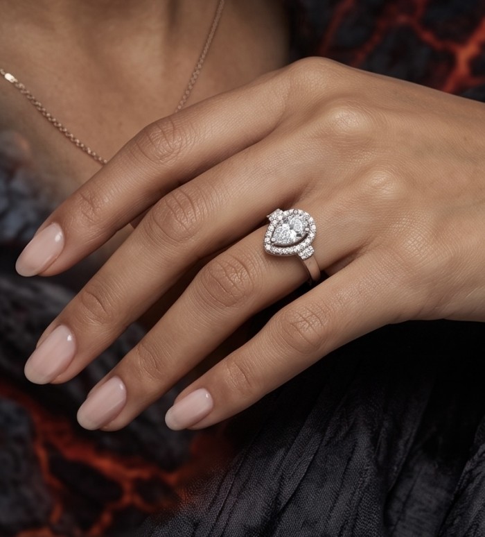 Classy Beauty pear cut 3.2 carat White Topaz rhodium over .925 Silver handcrafted Cocktail Ring s. 7 1/4 - Pear cut 3.2 carat white topaz ring worn on hand, showcasing details.