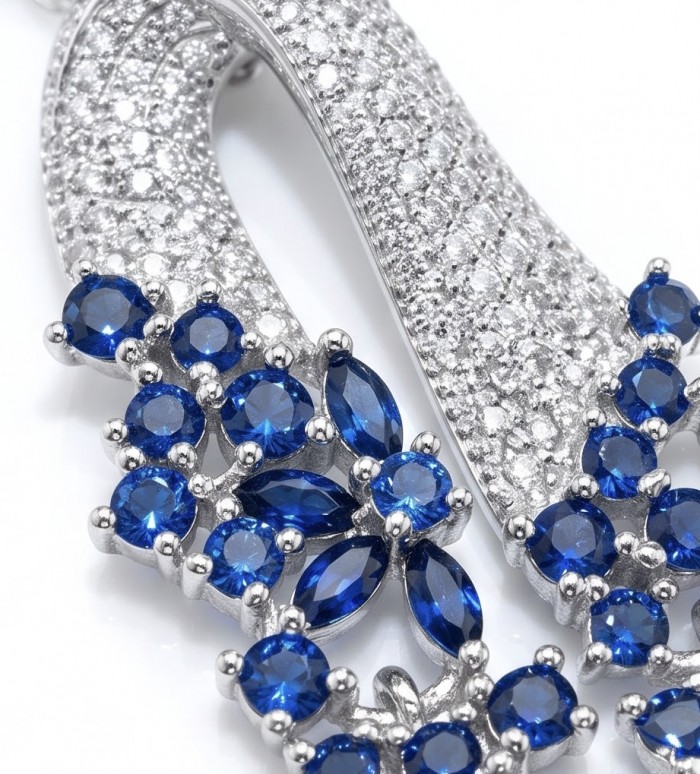 Genuine 3.5 carat Sapphire rhodium over .925 Sterling Silver dipped in rhodium handmade Pendant - Close-up of sapphire stones on rhodium over sterling silver jewelry.