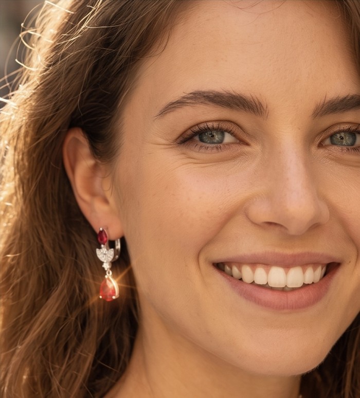 Giovanna - Magnificent Jewel 4.2 carat Ruby .925 Sterling Silver handcrafted incredible Statement earrings - Model wearing Giovanna ruby earrings, close-up on earring and smile.