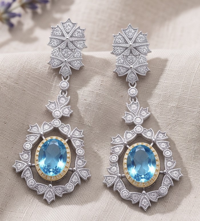 Atlantica 6.7 carat Swiss Blue Topaz 2 tones .925 Sterling Silver dipped in Rhodium Handcrafted Statement earrings - Top view of Atlantica earrings with blue topaz and intricate silver design.