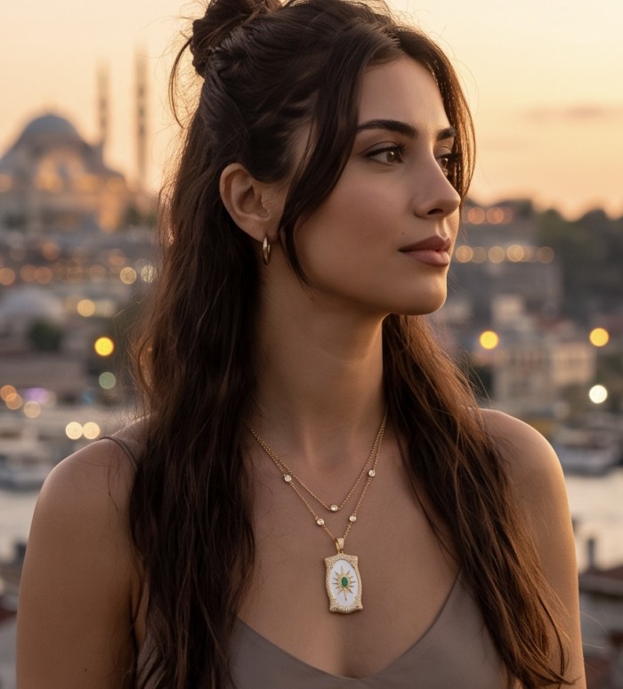 Precious Blister Pearl 2.4 carat Emerald 18K Gold over .925 Sterling Silver .925 Sterling Silver Necklace; 24 inches long - Side view of pendant necklace worn against scenic sunset backdrop.