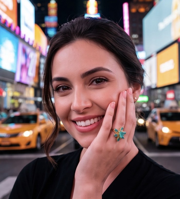 Elizabeth trillionl cut 12.8 carat top quality Colombian Emerald .925 Sterling Silver dipped in 22K Gold handcrafted Ring size 7 - Woman wearing Elizabeth 12.8 carat Colombian emerald ring on hand
