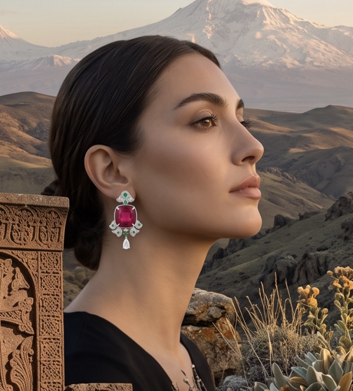 Art deco Magnificent Jewel 20.4 carat Ruby .925 Sterling Silver dipped rhodium handcrafted incredible earrings - Side view of Art Deco ruby earrings worn against a scenic mountain backdrop