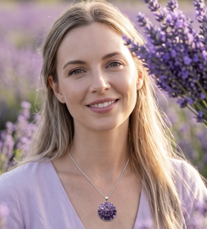 Mademoiselle - 18.5 carat natural Amethyst .925 Sterling Silver dipped in rhodium handcrafted Pendant - Woman wearing Mademoiselle Amethyst necklace in a lavender field.