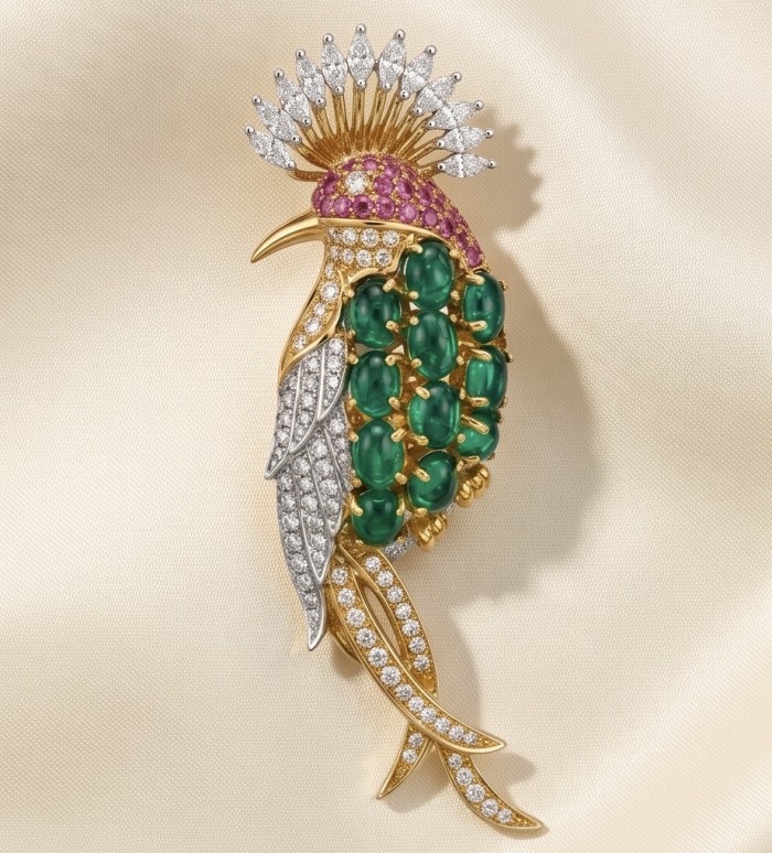 Precious Exotic Bird Natural 10.2 carat Colombian Emerald 2 tones .925 Sterling Silver Brooch - Exotic bird brooch with emeralds and diamonds, front view.