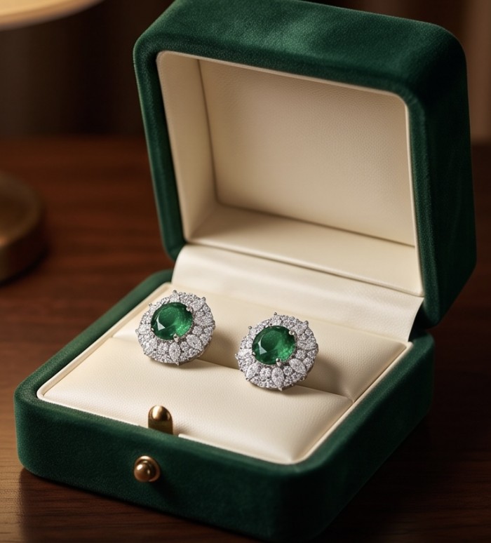 Spectaculat 4.5 carat Tsavorite Garnet rhodium over .925 Sterling Silver handcrafted earrings - Emerald earrings in a green velvet box, front view.