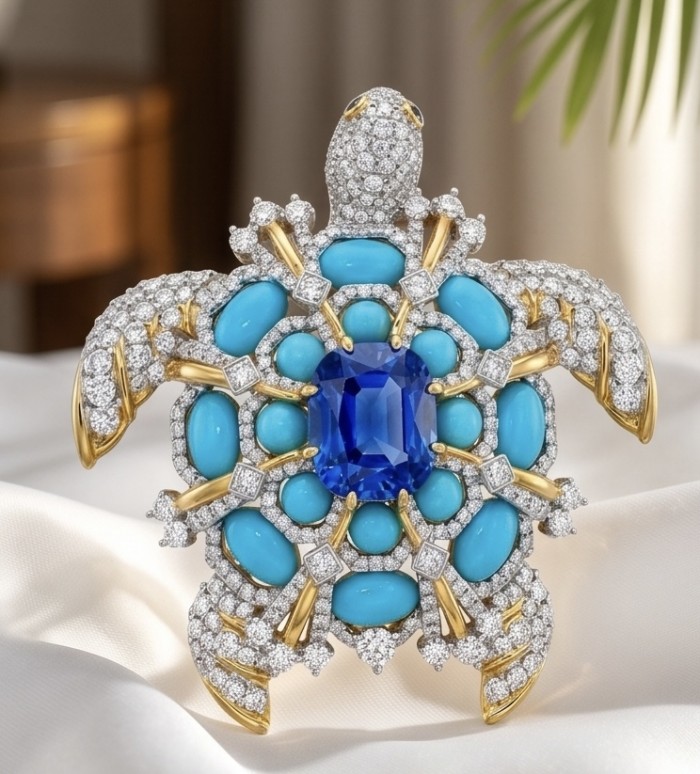 Blue Turtle Authentic 10.2 carat Swiss Blue Topaz Sleeping Beauty Turquoise rhodium over .925 Sterling Silver 2 tones handcrafted Statement Pendant Brooch - Turtle-shaped brooch with blue topaz and diamonds, front view.