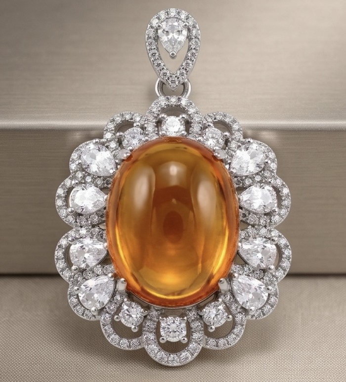 Luxury genuine Fancy 21.2 CARAT Golden Topaz rhodium over .925 Sterling Silver handmade Pendant - Luxury topaz pendant with diamonds, front view, detail of stones