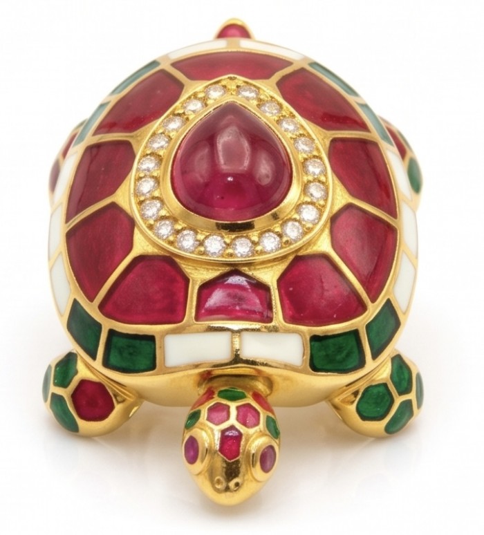Good health and Long life Turtle Genuine 2.6 carat Ruby enamel .925 Sterling Silver dipped in 22K Gold handmade HUGE Ring size 6 - Front view of turtle-shaped jewelry with ruby and enamel details
