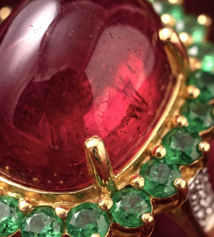 Opera Genuine 24.5 CARAT Mozambique Ruby 22K Gold over .925 Sterling Silver Large Statement Ring size 8 3/4 - Close-up of Opera ring with Mozambique ruby and emeralds in gold setting.