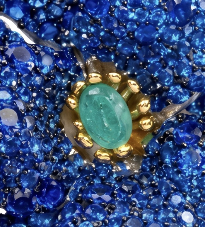Black Label Collection - Retro Style - Rose Genuine 27.5 carat Sapphire .925 Sterling Silver dipped in rhodium handmade Pendant - Brooch - Close-up of blue gemstone and gold detail from Black Label Collection piece.