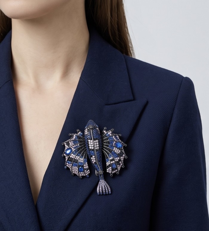 Flying Fish genuine 17.5 CARAT Sapphire black rhodium over .925 Sterling Silver handmade Brooch - Flying Fish sapphire brooch on navy blazer, frontal view